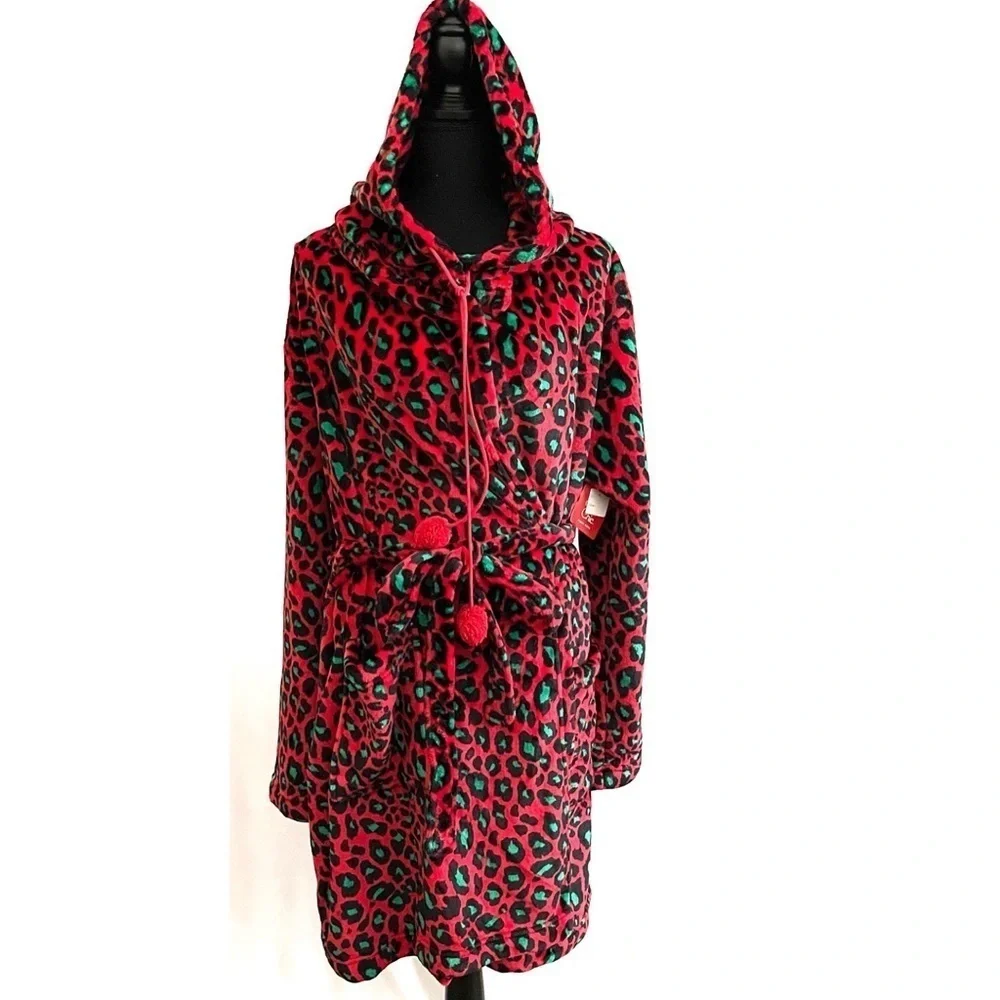 🔥 Sleep Chic NWT Plush Short Robe XXL Red Green Animal Print